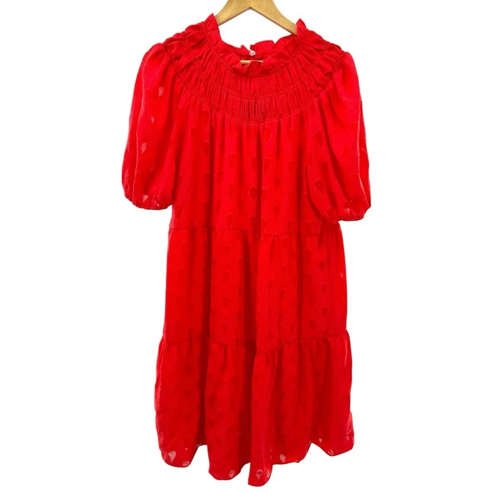 Donna Morgan Puff Sleeve Tiered Mini Dress Women's Size 14‎ Textured Dots